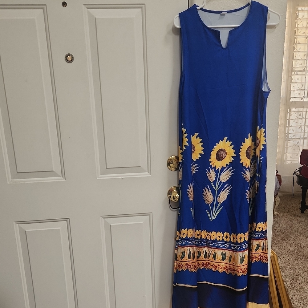 New Blue and Yellow Sleeveless Scoop Neck Maxi Sundress 100% Cotton